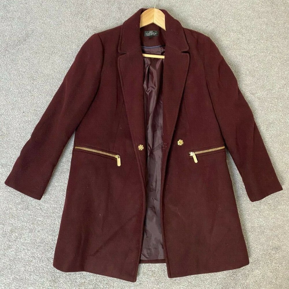 Topshop Petite Burgundy Brown Gold Zipper Pockets Wool Blend Coat - Size 10